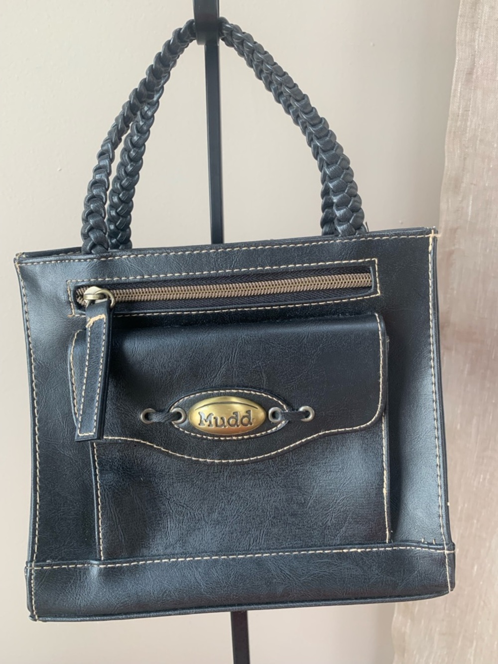 Y2K Mudd Black Faux-Leather Tote with Braided Handles